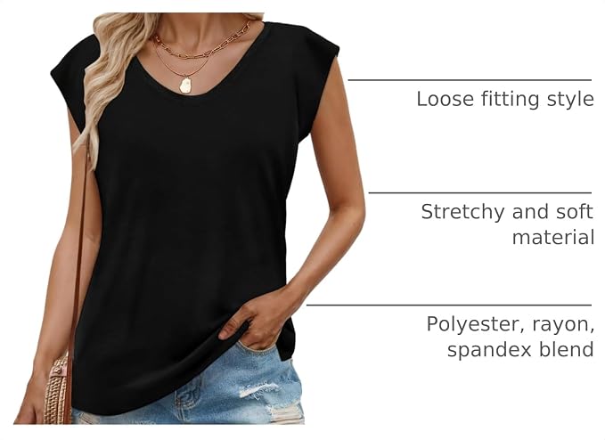 Women’s Cap Sleeve V Neck Summer Top Loose Fit Casual T-Shirt