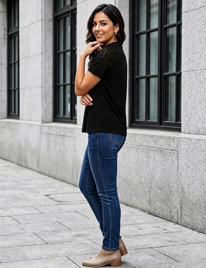 Women's Black Short Sleeve Blouse Mock Neck Lace Sleeve Top