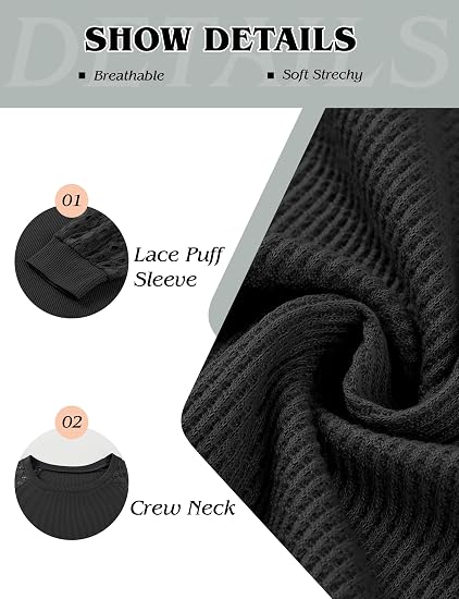 Women’s Crew Neck Lace Puff Sleeve Waffle Knit Casual Top