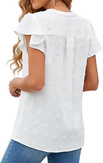 Women’s V Neck Flutter Sleeve Swiss Dot Casual Summer Top
