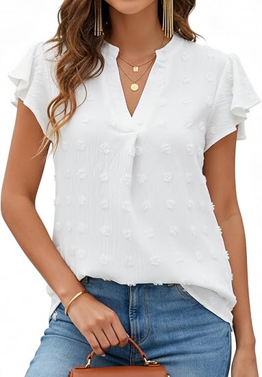 Women’s V Neck Flutter Sleeve Swiss Dot Casual Summer Top