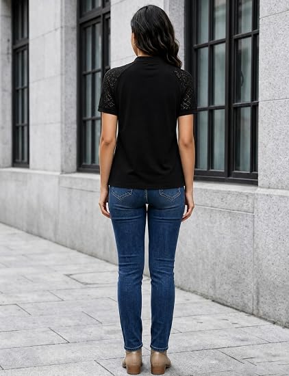 Women's Black Short Sleeve Blouse Mock Neck Lace Sleeve Top