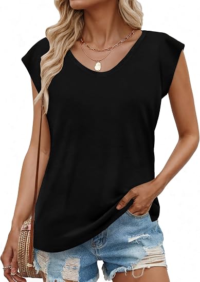 Women’s Cap Sleeve V Neck Summer Top Loose Fit Casual T-Shirt