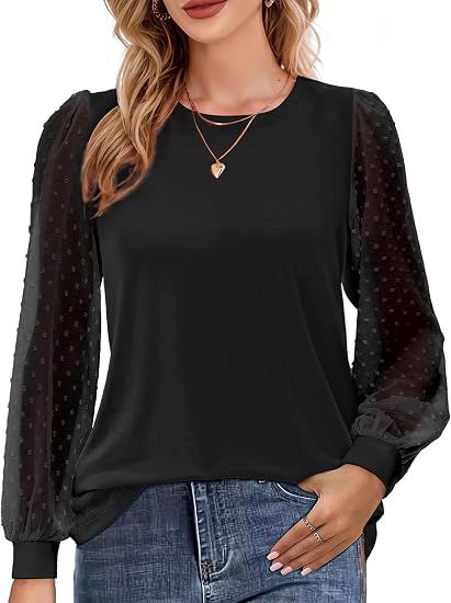 Women’s Long Sleeve Blouse Sheer Swiss Dot Sleeve Casual Top