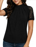 Women's Black Short Sleeve Blouse Mock Neck Lace Sleeve Top