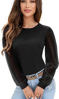 Women’s Long Sleeve Blouse Sheer Swiss Dot Sleeve Casual Top