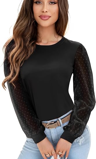 Women’s Long Sleeve Blouse Sheer Swiss Dot Sleeve Casual Top