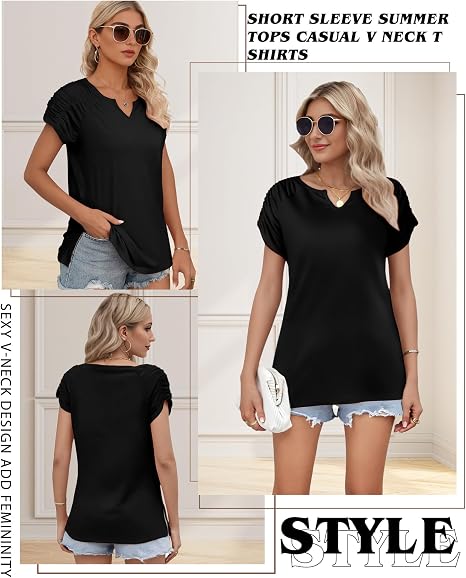 Women’s Short Sleeve V Neck Summer Top Casual Pleated T-Shirt
