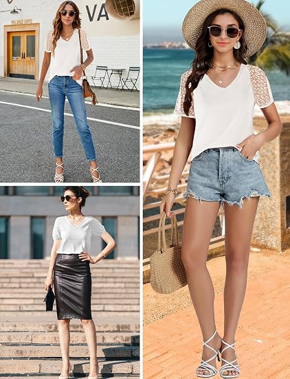 Women’s V Neck Short Sleeve Top Lace Sleeve Waffle Knit Casual Shirt