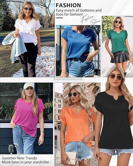 Women’s Short Sleeve V Neck Summer Top Casual Pleated T-Shirt