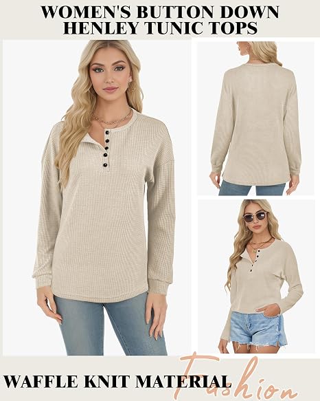 Women’s Button Down Henley Tunic Top Long Sleeve Waffle Knit