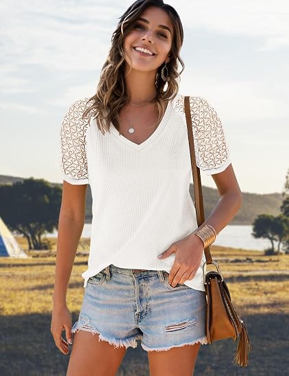 Women’s V Neck Short Sleeve Top Lace Sleeve Waffle Knit Casual Shirt