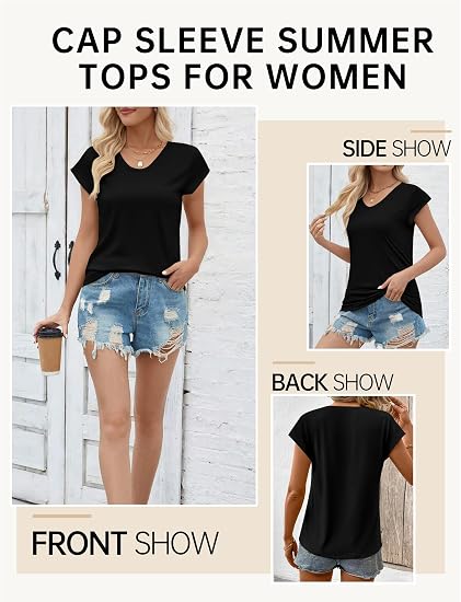 Women’s Cap Sleeve V Neck Summer Top Loose Fit Casual T-Shirt