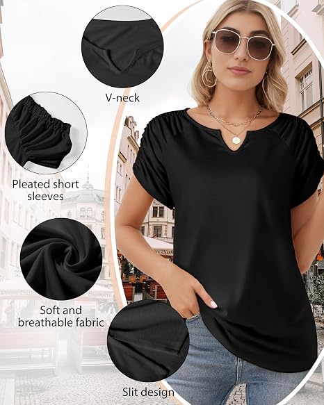 Women’s Short Sleeve V Neck Summer Top Casual Pleated T-Shirt