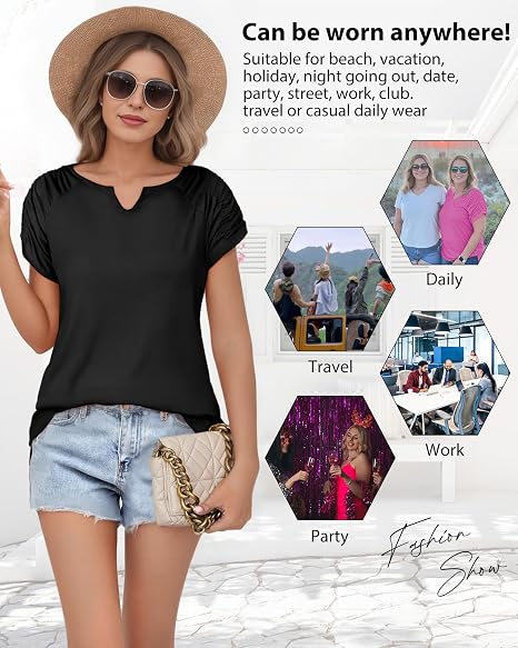 Women’s Short Sleeve V Neck Summer Top Casual Pleated T-Shirt