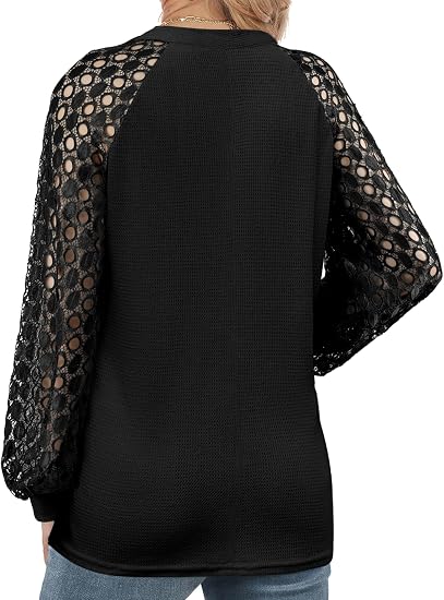Women’s Crew Neck Lace Puff Sleeve Waffle Knit Casual Top