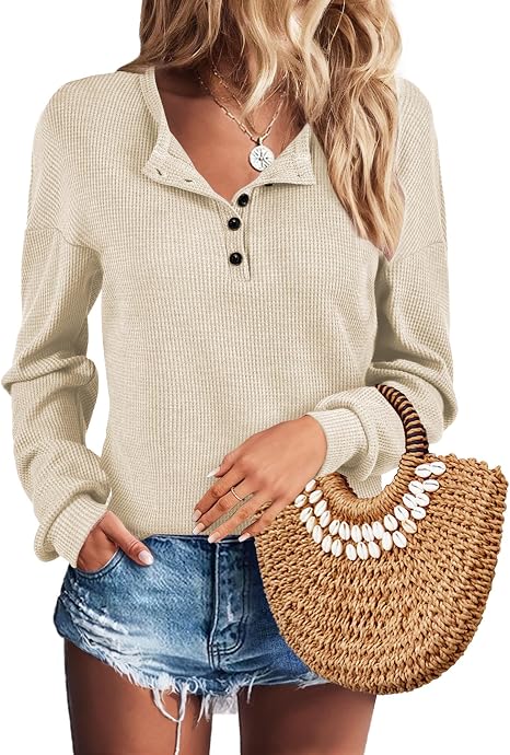 Women’s Button Down Henley Tunic Top Long Sleeve Waffle Knit