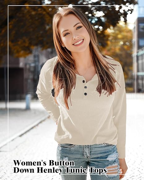 Women’s Button Down Henley Tunic Top Long Sleeve Waffle Knit