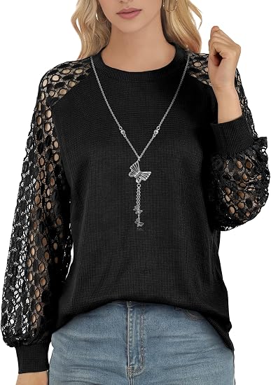 Women’s Crew Neck Lace Puff Sleeve Waffle Knit Casual Top