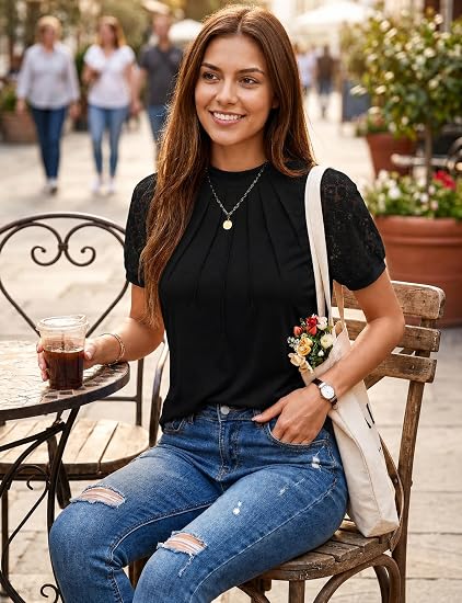 Women's Black Short Sleeve Blouse Mock Neck Lace Sleeve Top