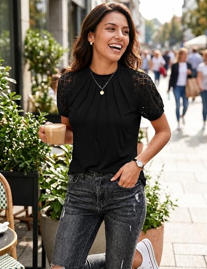 Women's Black Short Sleeve Blouse Mock Neck Lace Sleeve Top
