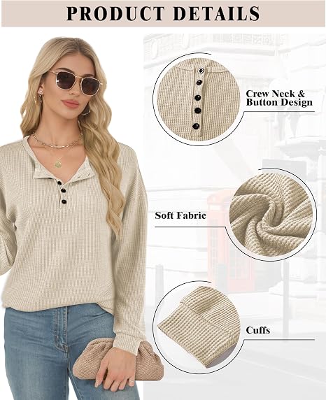 Women’s Button Down Henley Tunic Top Long Sleeve Waffle Knit